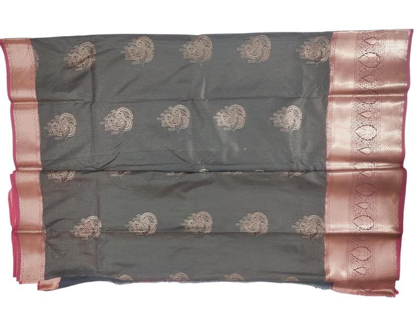 Black and Gold Traditional Indian Saree with Floral Brocade Border view 2