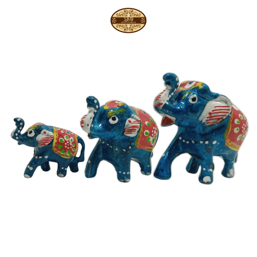 Handcrafted Paper Mache Elephant Family Figurines, Set of 3, Feroze Blue view 2