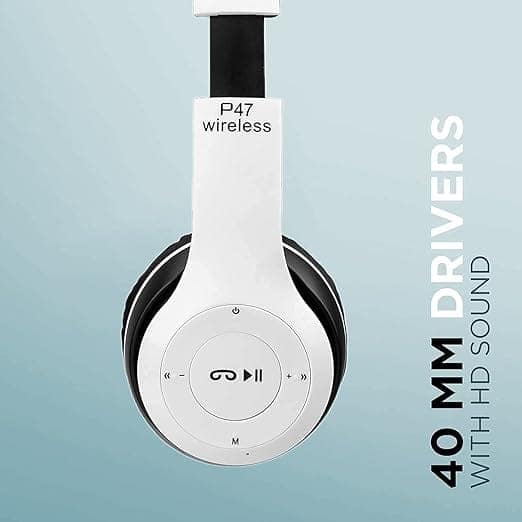 P 47 Wireless Bluetooth Headphones, Over-Ear Headset with Extra Bass, Foldable Design, Soft Memory Protein Earmuff, Bluetooth 5.0, FM Radio, SD Card Support, AUX Input view 2