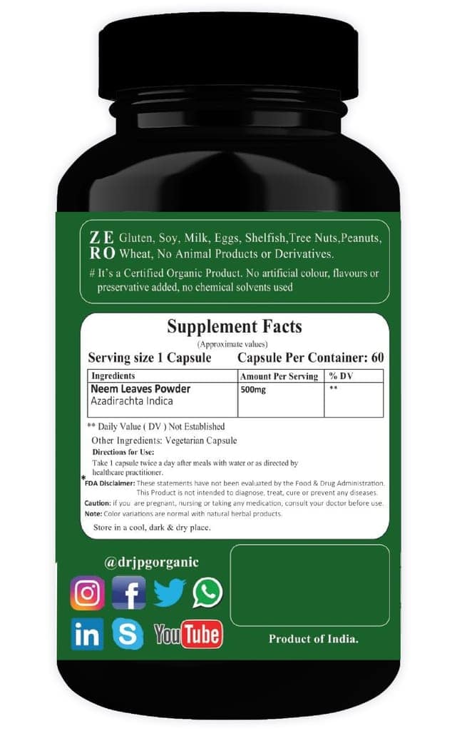Dr. JPG Organic herbals Neem Capsules For Skin Wellness & Acine 60 Veg. Capsules | INDIA ORGANIC Certified (Pack Of 2) view 2