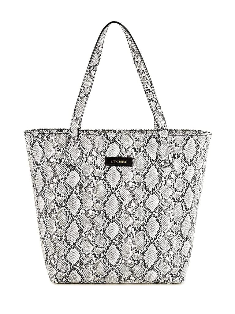 Lychee Bags Women Pu Snake Finish WhiteTote Bag