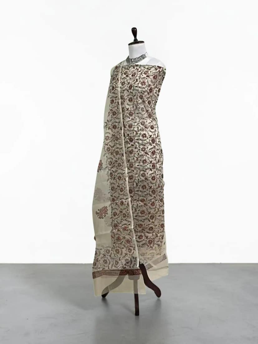 Handwoven Kota Doria Cotton Silk Dress Material with Hand Embroidery view 2