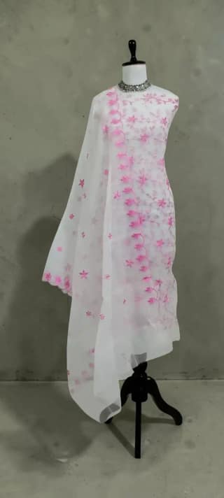 Handwoven Kota Doria Dress Material with Pink Floral Jal and Gota Patti