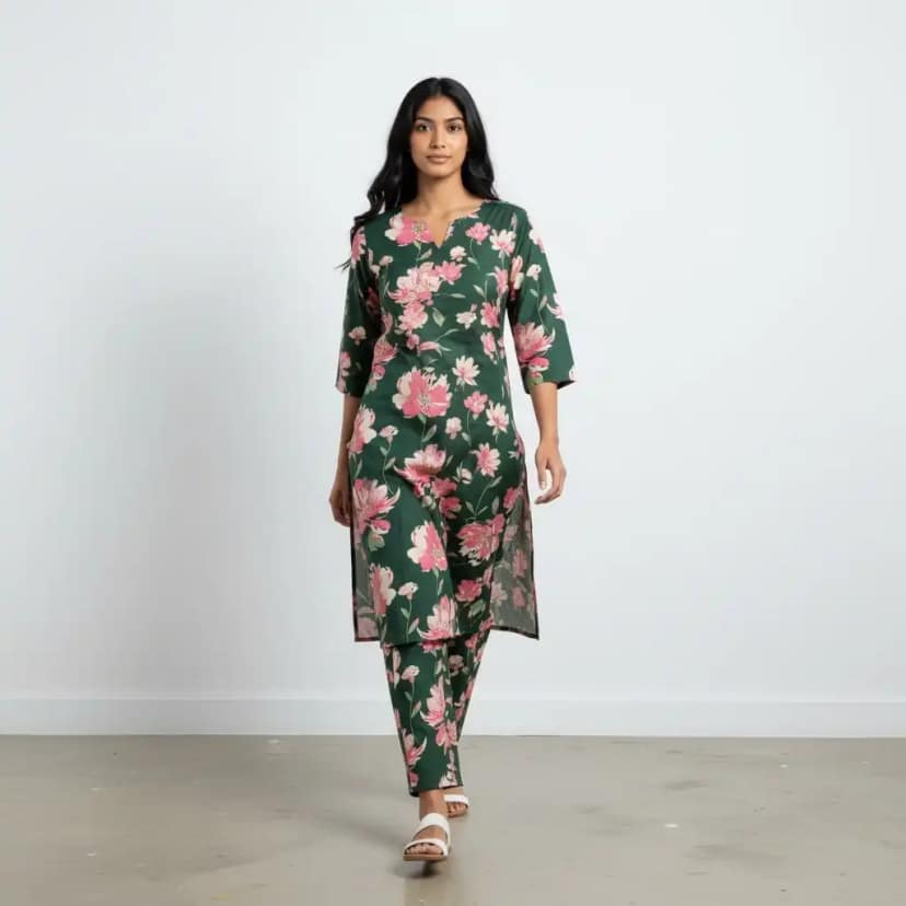 Teal Green Floral Screen-Print Cotton Kurti and Trouser Set