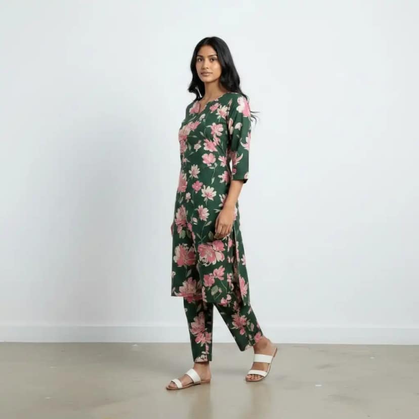 Teal Green Floral Screen-Print Cotton Kurti and Trouser Set view 2