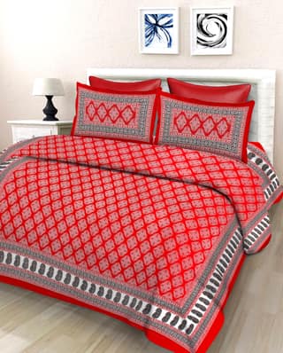 Lali Prints Jaipuri Red White Printed Cotton 130 TC Queen Bedsheet with 2 Pillow Covers