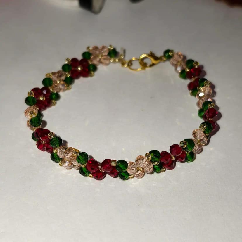Handmade Beaded Crystal Flower Bracelete Red, Emerald Green & Champagne Sparkle
