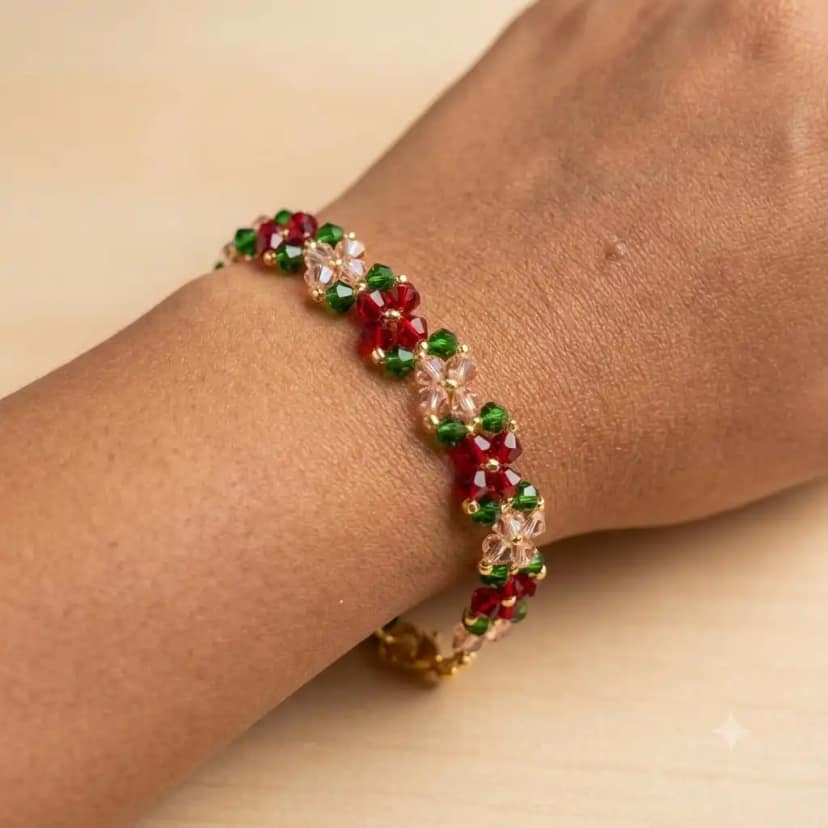 Handmade Beaded Crystal Flower Bracelete Red, Emerald Green & Champagne Sparkle view 2