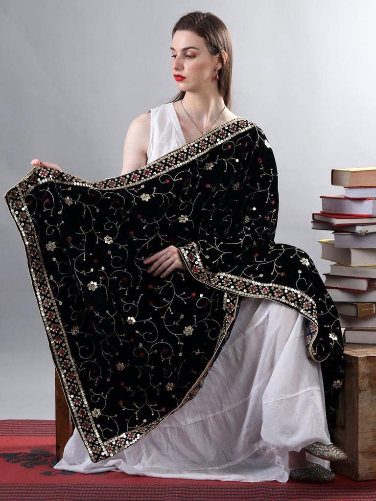 Navy-Blue Zari Embroidered Bail With Sequinned Flowers and Multicolour Thread Kite On Velvet Dupatta From Amritsar view 2