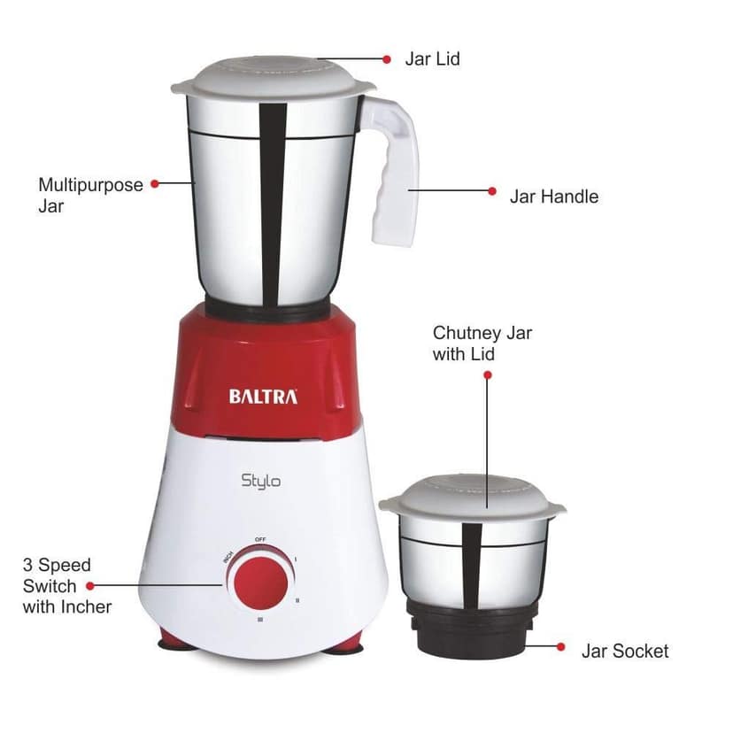 Baltra Stylo Mixer Grinder 550 Watt with 2 Multipurpose Stainless Steel Jars (Wet+Dry Jar) 3 Powerful Speed Control, Overload Protection, Tight Jar Lid, 2 Super Efficient Stainless Blade view 2