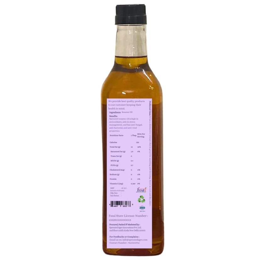 Sprouted Wood Cold Pressed Sesame Oil (Til Ka tel) | Glass Bottle | Kohlu/ Kacchi Ghani | 100% Pure | Gluten-Free | Chemical Free | Wood Cold Pressed/ Cold Pressed Sesame Oil for Cooking, Skincare in 250 ML view 2