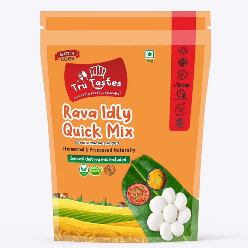 Tru Tastes Trutastes Rava Idly Quick Mix|Chutney And Sambar Mix Included|Healthy Food|Naturally Fermented|Zero Preservatives|No Maida|Makes 13 To 16 Pcs(306 G)