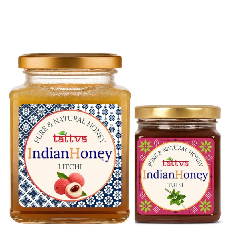 IndianHoney Buttery & Cognitive-Boosting Litchi Honey & Ayurvedic & Stress-Relief Tulsi Infused Honey Combo Pack (500gm & 230gm) Litchi & Tulsi
