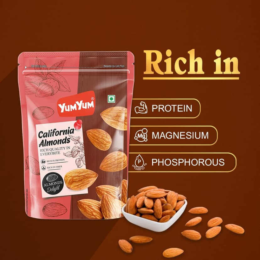 YUM YUM California Almonds Whole Nuts Badam Healthy Dry Fruits - 500g view 2