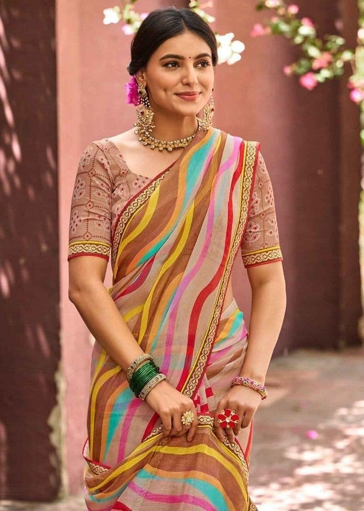 Multicolor Color Sparkle Chiffon Saree With Fancy Border And Fancy Blouse Piece view 2