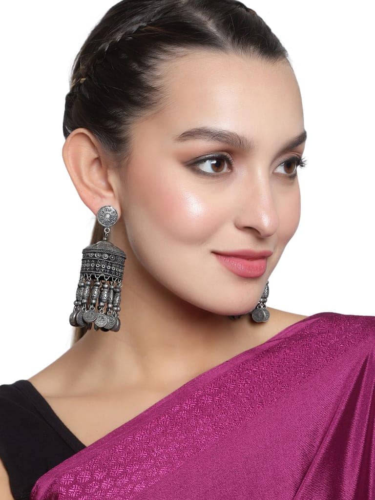 Cardinal Metallic Oxidized Jhumka Earrings view 2