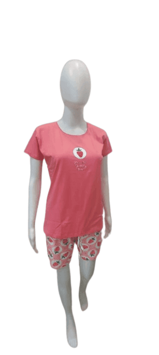 Women’s Cotton Printed Nightwear Set – Strawberry Design T-Shirt & Shorts Combo (Pink)