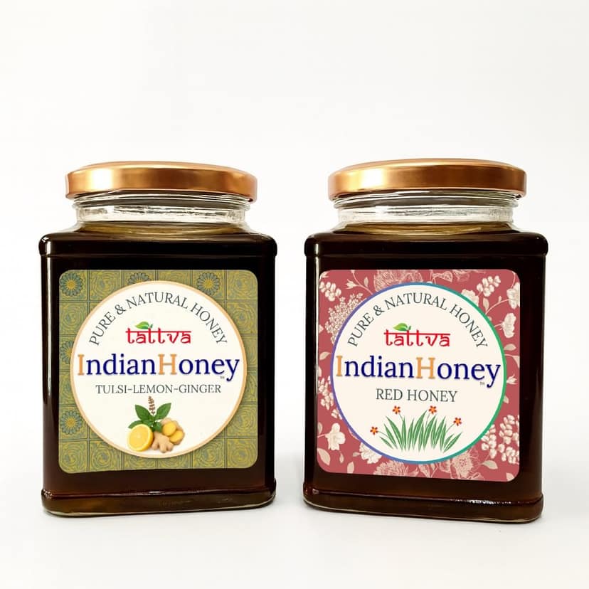IndianHoney Red Honey with Tulsi Lemon Ginger Honey Combo (Pack of 2) | Pure & Natural | 1kg (500g Each) | Unprocessed & Unfiltered Natural Sweetener