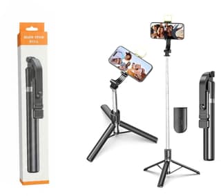 R1S-L Selfie Stick with Tripod Stand, 6 feet, Built-in Light, Wireless Remote, Extendable, Black