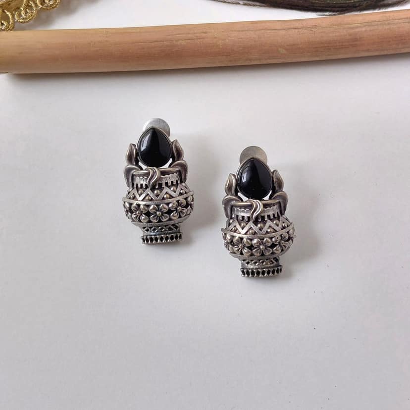 Elegant Silver Look Alike Oxidised Monalisa Stone Kalash Stud Earrings For Women Ethnic Casual & Temple Earrings Under 300 Minimal Jewellery view 2