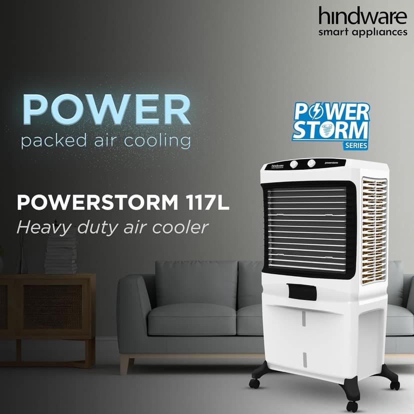Hindware Smart Appliances 117 L Desert Air Cooler Honeycomb Pads, Anti-Bacterial Protection, Inverter Compatible - Black & White, Powerstorm view 2