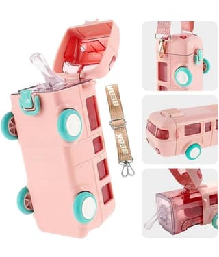 BANISTROKES Bus Water Bottle for Kid with Straw and Sticker Sport Plastic Portable Drinking Bottle for Kids Boys And Girls School Supplies