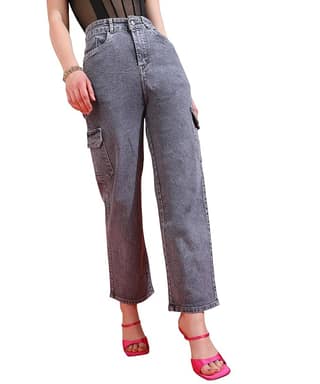 Glossia Fashion Grey Women Cargo Jeans | High Waist Stretchable Wide Leg Straight Fit Denim| Boyfriend Jeans for Women - 30