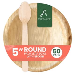 AGRILEAF Disposable Serving Bowl Set - 5 Inch Round 50 Pack [25 Pieces Bowls and 25 Pieces Spoons] Areca Palm Leaf Microwave Safe Bowls and Spoon Combo for Serving Dessert, Snacks and Ice Creams