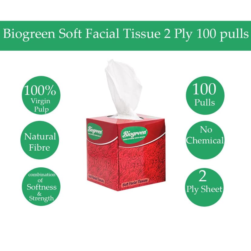 Biogreen Soft Facial/Face Tissues, 2 Ply 80 Pulls Each Box - Pack of 2 | square box facial tissue | Cube Facial Tissue Box For Car Glove Box Access, Home, Shop Multipurpose view 2