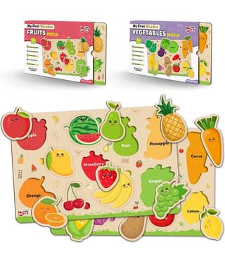 Little Berry Wooden Puzzle Board with Pictures for Kids (Pack of 2): Fruits & Vegetables - Knob & Peg Puzzles Games for Boys, Girls, Preschool Children - Learning & Education Wooden Toy Jigsaw Puzzle Set - Fun & Learn Puzzle Tray With Knob For Kids