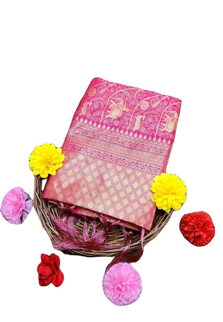 ATTIRIS Women's Silk Zari Woven Saree with Blouse Piece, Pink view 2