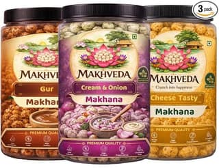 MAKHVEDA - Superfood Balance Bite Crunch Combo Makhana Roasted Fox Nuts Popped Lotus Seeds Healthy Snack Low Calorie High Protein Gluten Free Crunchy and Delicious Flavours Gud Cream and Onion Cheese