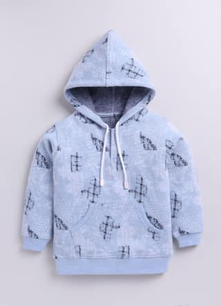 Baby Blue Checkered Print Full Sleeves Hooded Sweatshirt for Boys