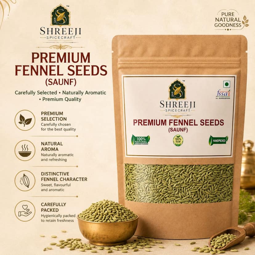 Shreeji Spicecraft Fennel Seeds Whole Saunf Pouch Natural Raw Handpicked Aromatic Spices for Cooking Mouth Freshener view 2