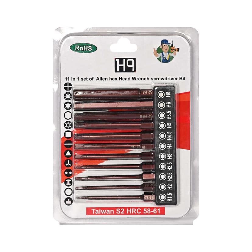 H9 11-Piece Allen Key Wrench Drill Bit Set, SAE Sizes, 75mm Long Hex Bits, S2 Steel, Quick Release Shanks view 2