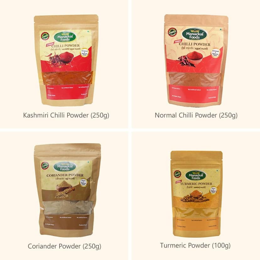 Manackal Foods Kitchen Essentials Spice Combo (Pack of 4) Pure & Natural Kashmiri Chilli Powder250g, Normal Red Chilli Powder250g, Coriander Powder-250g & Turmeric Powder-100g view 2
