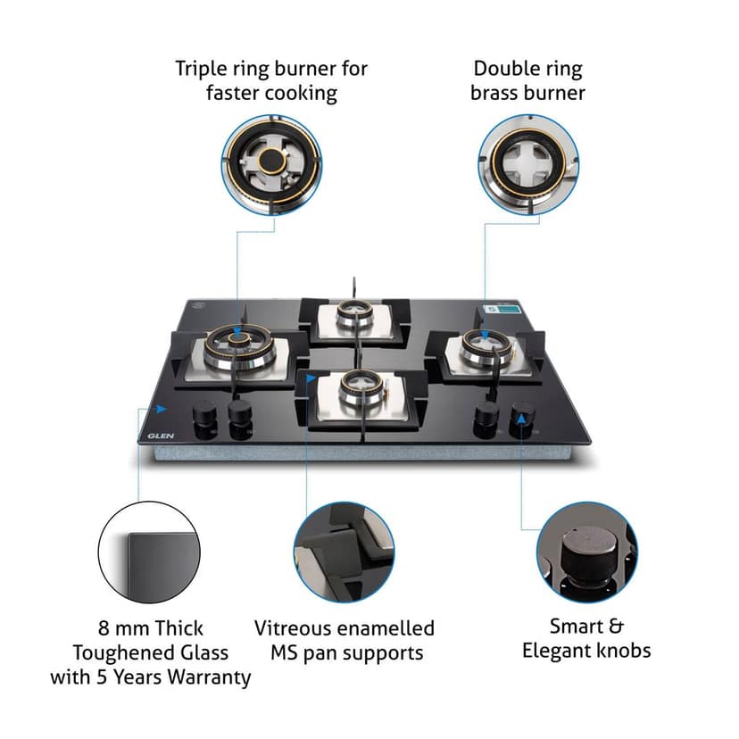 4 Burner Glass Gas Hob Top Triple Ring Burner Double Ring Forged Brass Burner Auto Ignition (1074XSQHTTR70) view 2