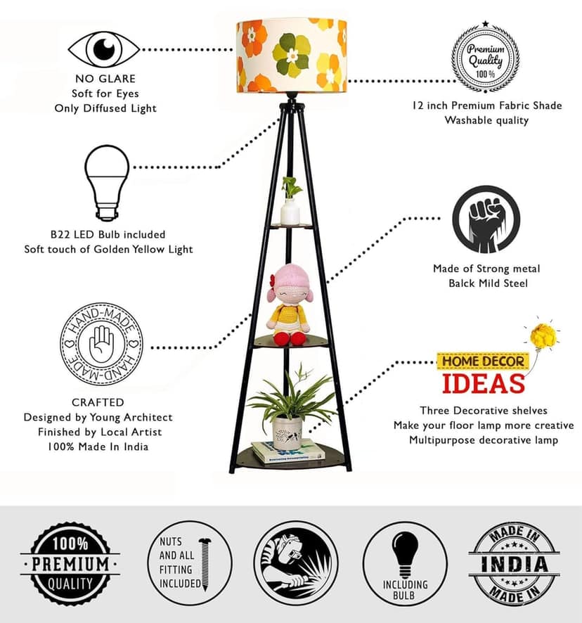 Furniture Metal Floor Lamp with 3 Shelves (Fresh Flower) LED Bulb Included- Diwali Decoration Items