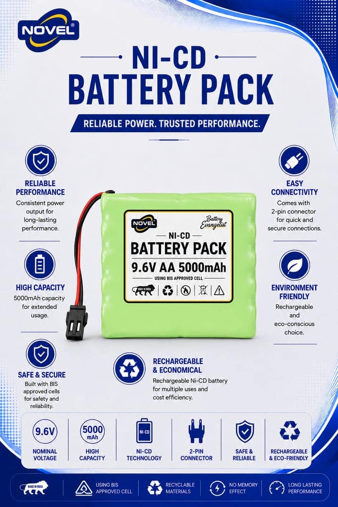 NOVEL 9.6V AA 5000mAh NI-CD Rechargeable Battery SM PIN