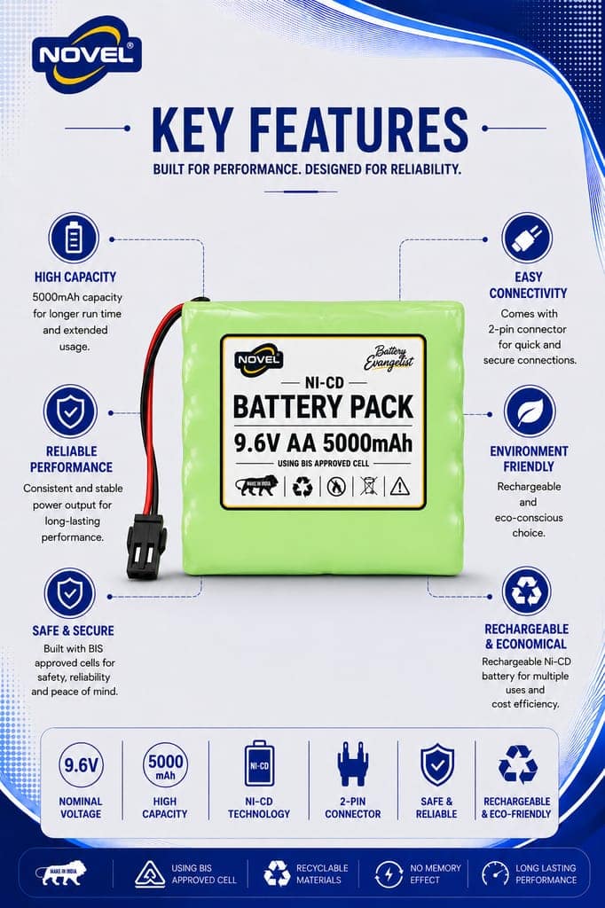 NOVEL 9.6V AA 5000mAh NI-CD Rechargeable Battery SM PIN view 2
