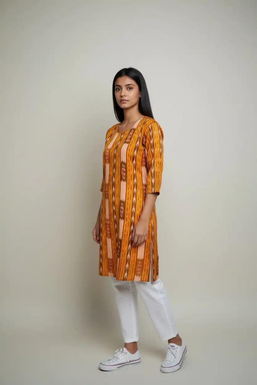 Sambalpuri Handloom Cotton Kurti in Orange with Bandhakala Ikat view 2