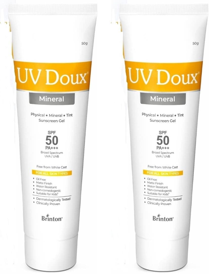 UV Doux Tinted Mineral Sunscreen SPF 50 PA+++ | 100% Mineral Broad Spectrum | Zinc & Iron Oxide | No White Cast | Indias No.1 Dermatologist Recommended Brand | For Sensitive Skin | 50 g (Pack of 2) UV Doux Tinted Mineral Sunscreen SPF 50 PA+++ | 100% Min
