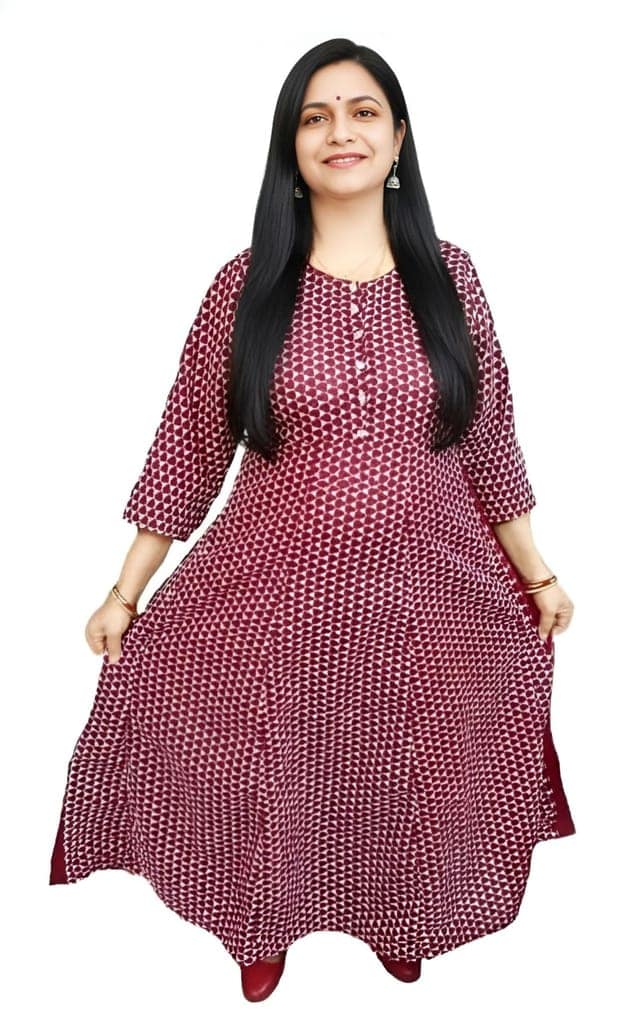 Women's Cotton Chikan Embroidered Kurta | Size M | Flared Anarkali Kurti |