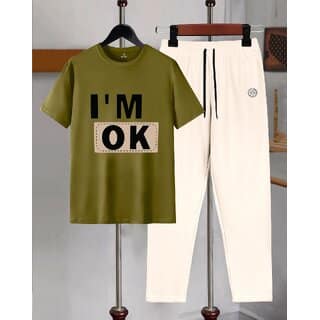 AUSK Mens Casual Printed Cotton Blend Green & Beige Summer wear Co-ords set of T-Shirt & Trakpant