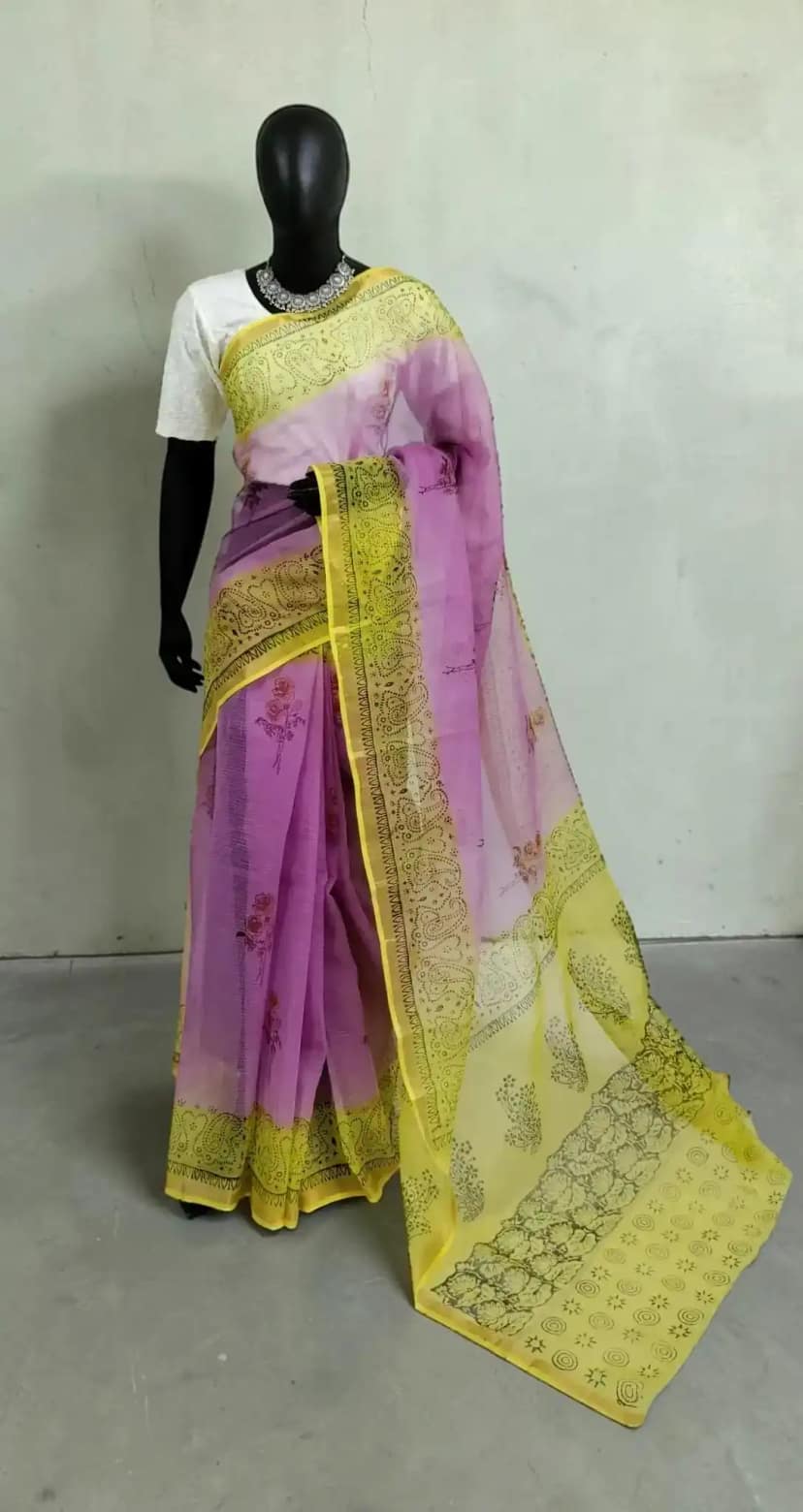 Kota Doria Cotton-Silk Saree, Block Print with Bright Yellow Border