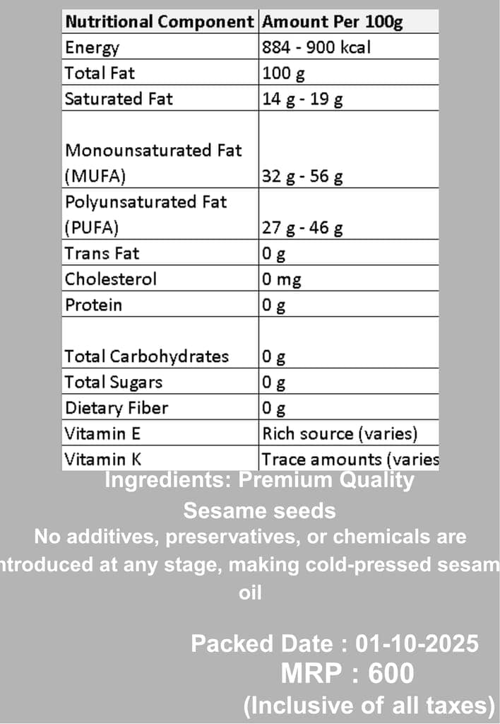 Godavari Naturals Wood Cold Pressed White Sesame Oil - 1L | Glass Bottle | Kolhu/Kacchi Ghani/Chekku | Gingelly Oil | Natural | Chemical-Free | Cold Pressed Sesame Oil for Cooking view 2