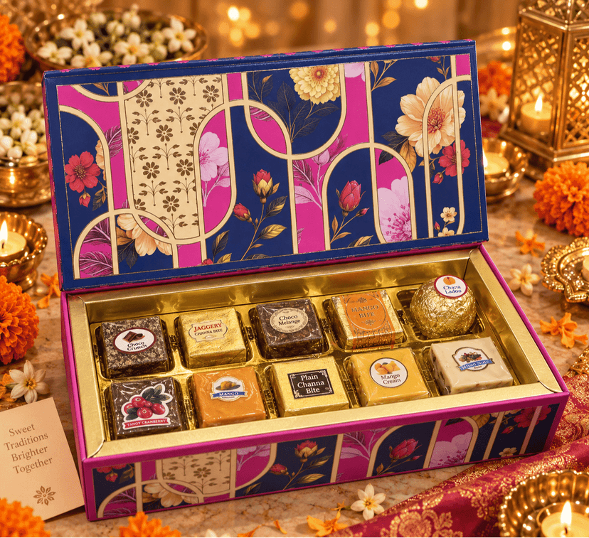 Ghasitaram's Royal Floral Pink & Blue Artisanal Sweets Collection – 10 Pc Assorted Delights