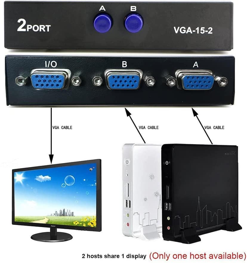 VGA 2 in 1 Out Video Switch with Button for PS4, PC, TV, Projector, Monitor view 2
