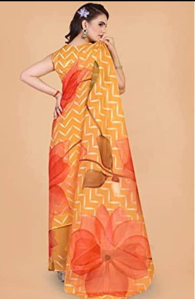 ATTIRIS Women's Organza Floral Digital Print Saree with Blouse Piece, Orange view 2