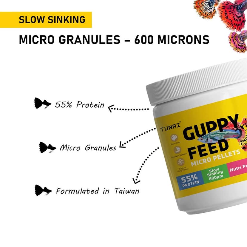 Tunai Guppy Fish Food with 55% Protein| 40g |600 Microns - Slow Sinking Micro Pellets| Guaranteed Tail Color Enhancement for Guppies, Taiwan Formula view 2
